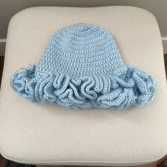 Crochet Ruffle Edge Hat Toque Light Blue - Picture 4 of 5